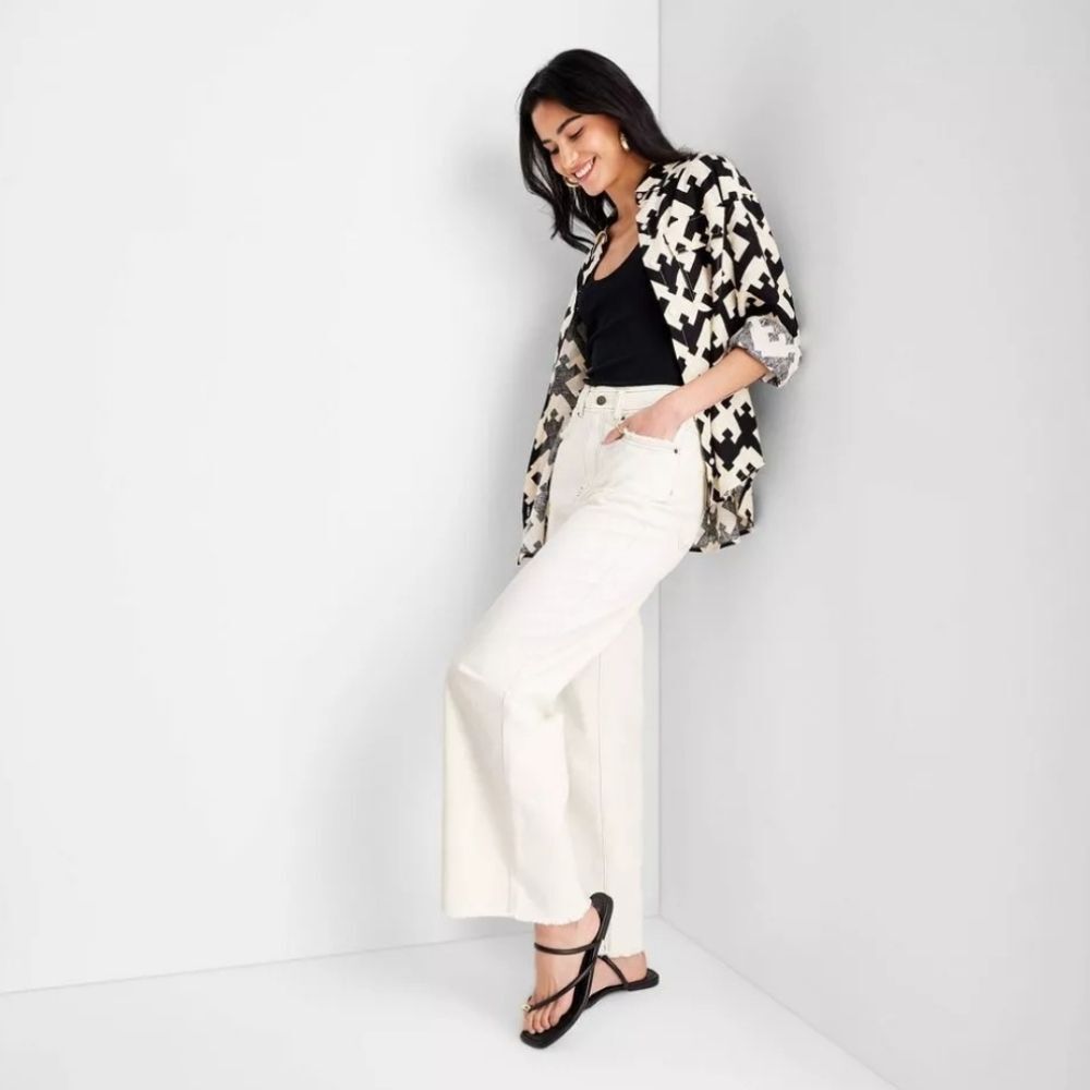 Future Collective x Jenny K Lopez 26W Ecru Cream High Rise Wide Leg Baggy Jeans - Picture 3 of 16